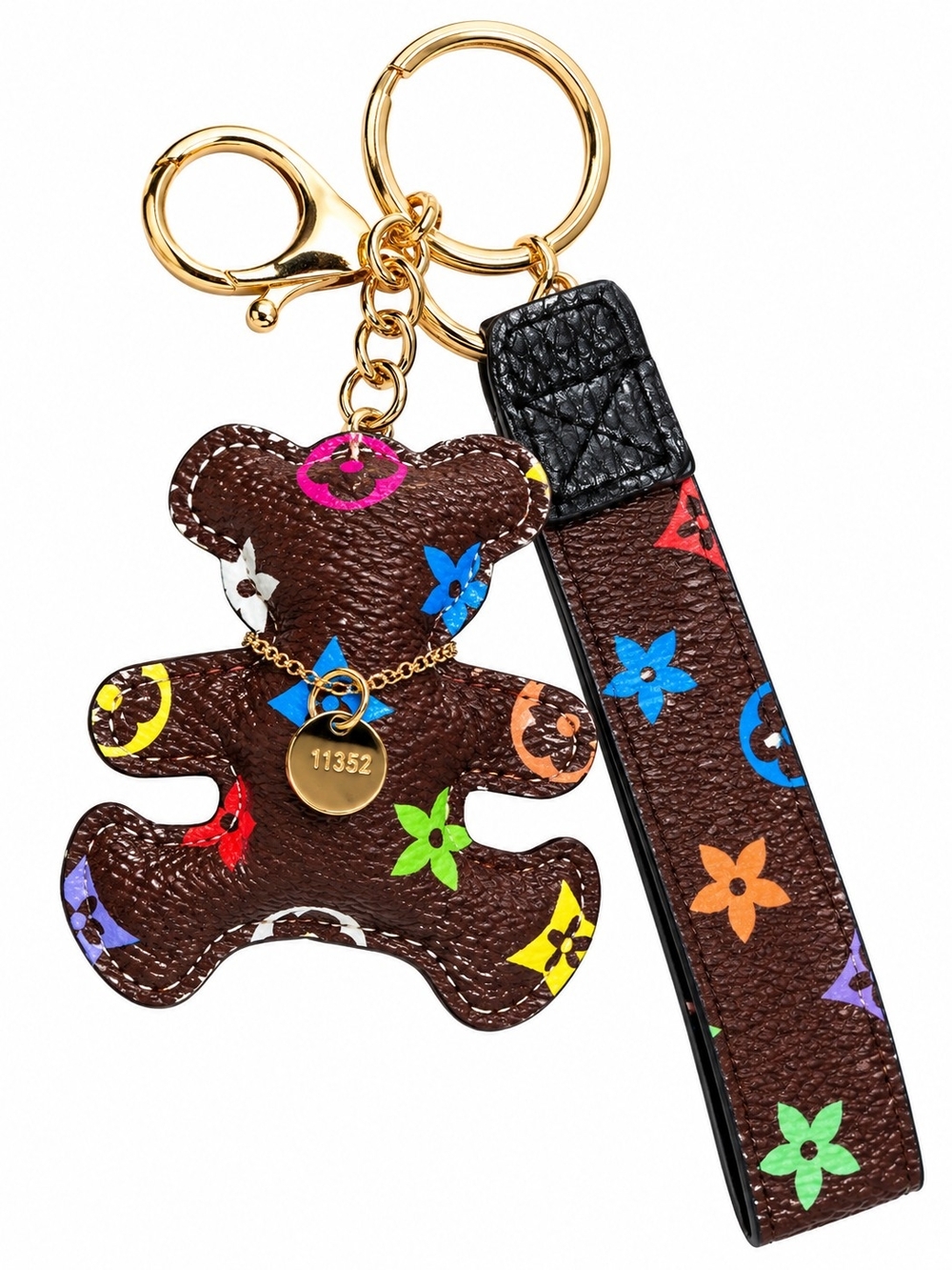 Design Inspired Teddy Bear Multicolor Leather Keychain Wristlet
